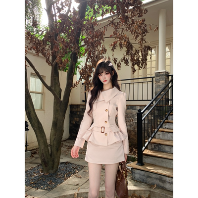 越韩小鱼 巴黎旧街 法式英伦收腰短款风衣外套高腰半裙千金风套装