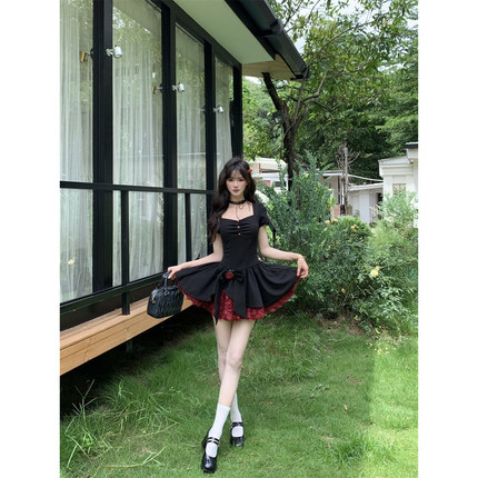 越韩小鱼 洛可可小姐 法式重工立体玫瑰花假两件蓬蓬连衣裙女夏季