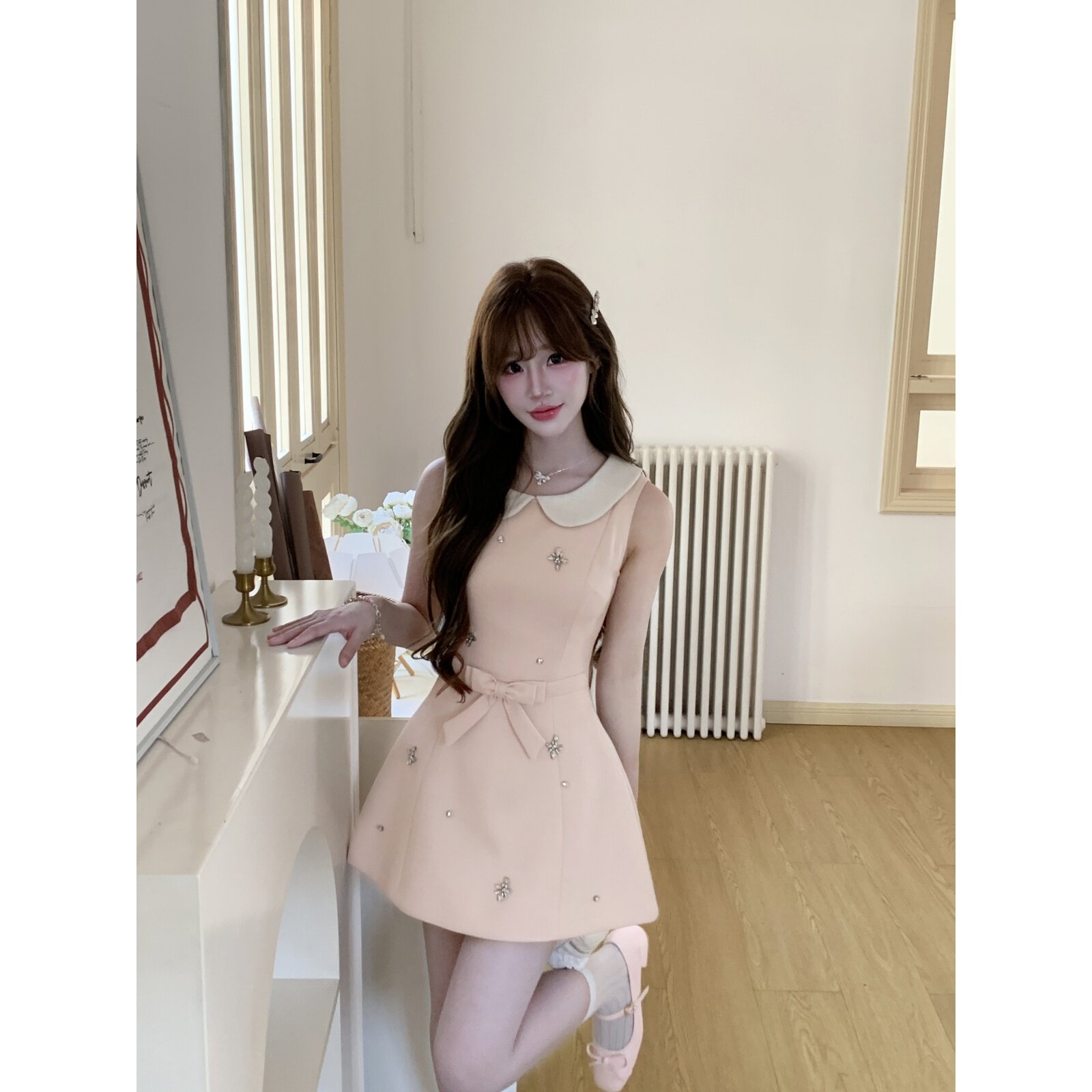 越韩小鱼Musefish 心动赴约 法式千金风镶钻娃娃领气质连衣裙子女