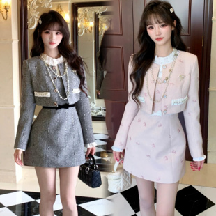 重工富家千金小香风连衣裙名媛风外套两件套装 越韩小鱼 赫尔小姐