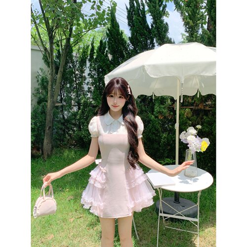 越韩小鱼Musefish 樱花庄园 法式假两件蕾丝拼接蓬蓬公主连衣裙女