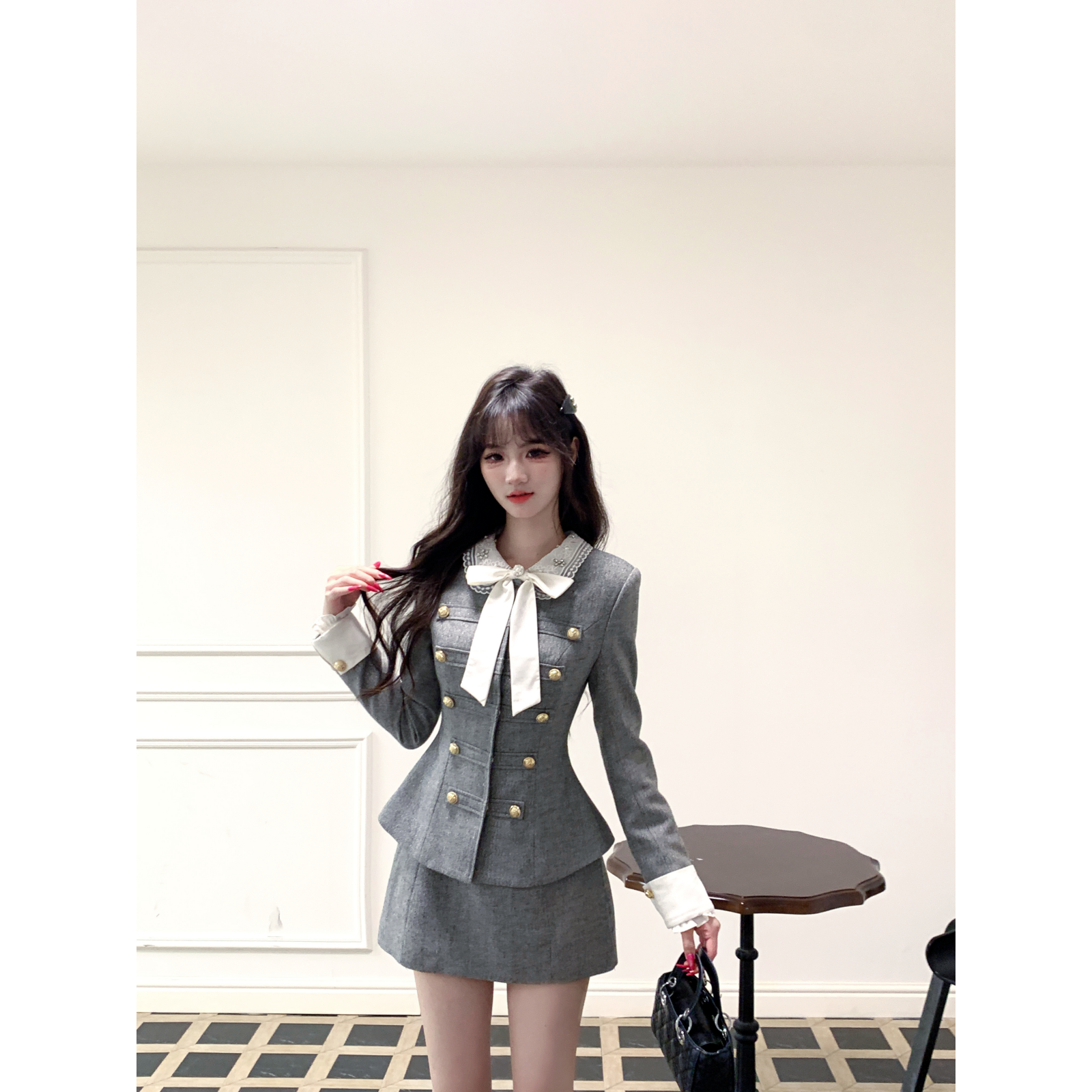 越韩小鱼 奥斯丁少女 富家千金小香风外套假两件连衣裙两件套装女