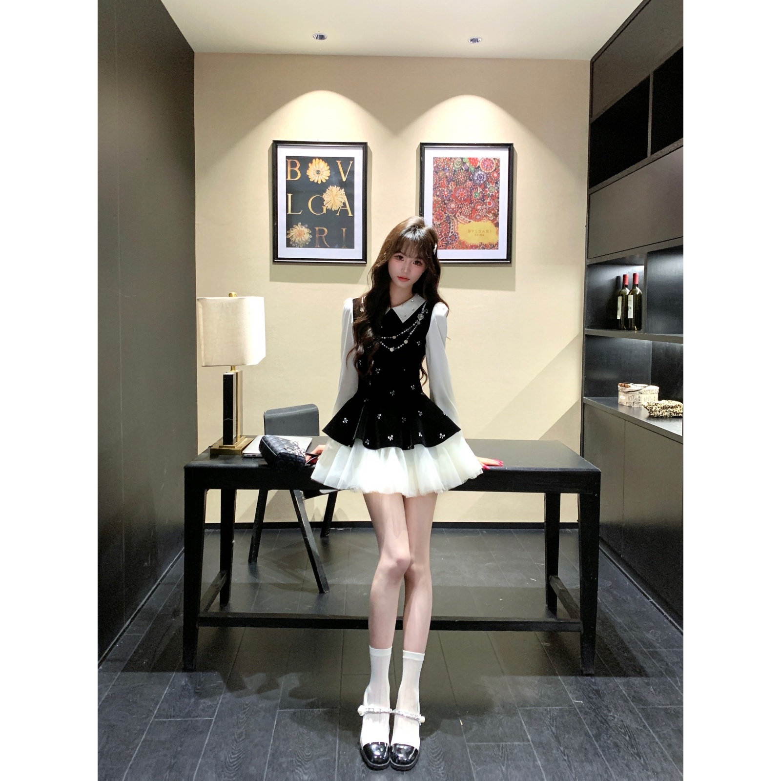 越韩小鱼 玛丽公主 法式千金风丝绒拼接网纱裙气质重工连衣裙女