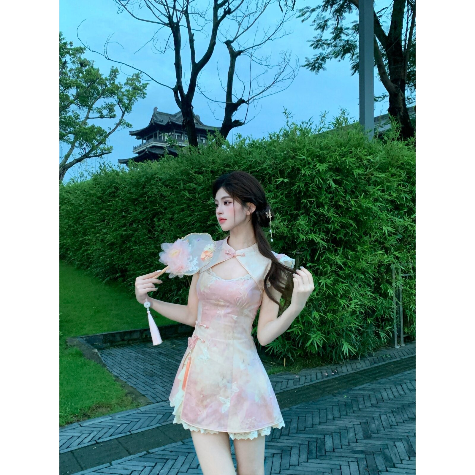 越韩小鱼Musefish 落樱笺 新中式国风连衣裙子女夏季收腰纯欲短裙