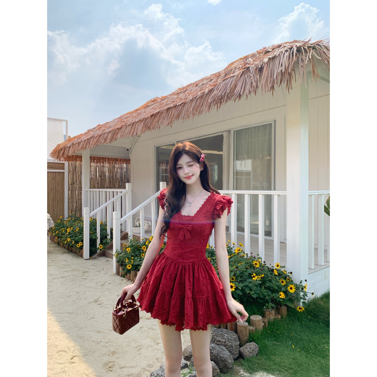 越韩小鱼Musefish 热烈的 法式纯欲显白酒红色连衣裙显瘦蓬蓬裙女