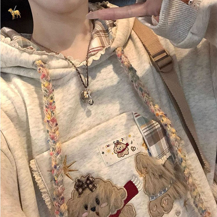 超好看小狗刺绣格纹拼接连帽卫衣女秋冬加绒加厚韩系甜美别致上衣