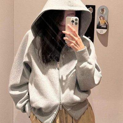 双头拉链短款连帽卫衣外套女