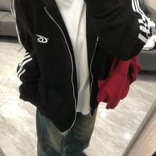 美式三条杠拼接黑色连帽外套女春秋薄款冬加绒慵懒风插肩开衫卫衣