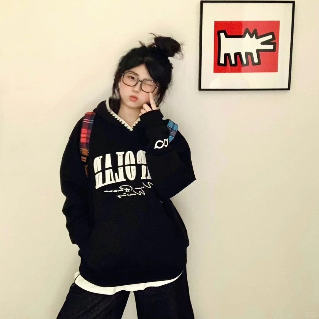 国潮牌小香风贴布绣字母连帽卫衣女秋冬2025新款oversize情侣上衣