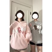 毛绒星星贴布绣字母粉色连帽卫衣女秋冬美式 高街小众慵懒情侣上衣