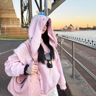 可爱兔耳朵粉色连帽外套女春秋新款oversize减龄甜美拉链开衫卫衣