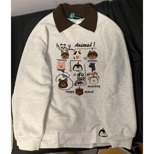 美式复古卡通刺绣Polo领假两件卫衣女秋冬加绒加厚撞色初中生上衣