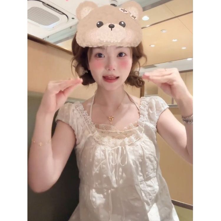 纯欲甜美蕾丝拼接泡泡袖短袖女衬衫夏法式超好看白色方领t恤上衣
