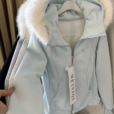 冬季加绒加厚可拆卸毛领刺绣连帽外套女重磅修身显瘦保暖开衫卫衣