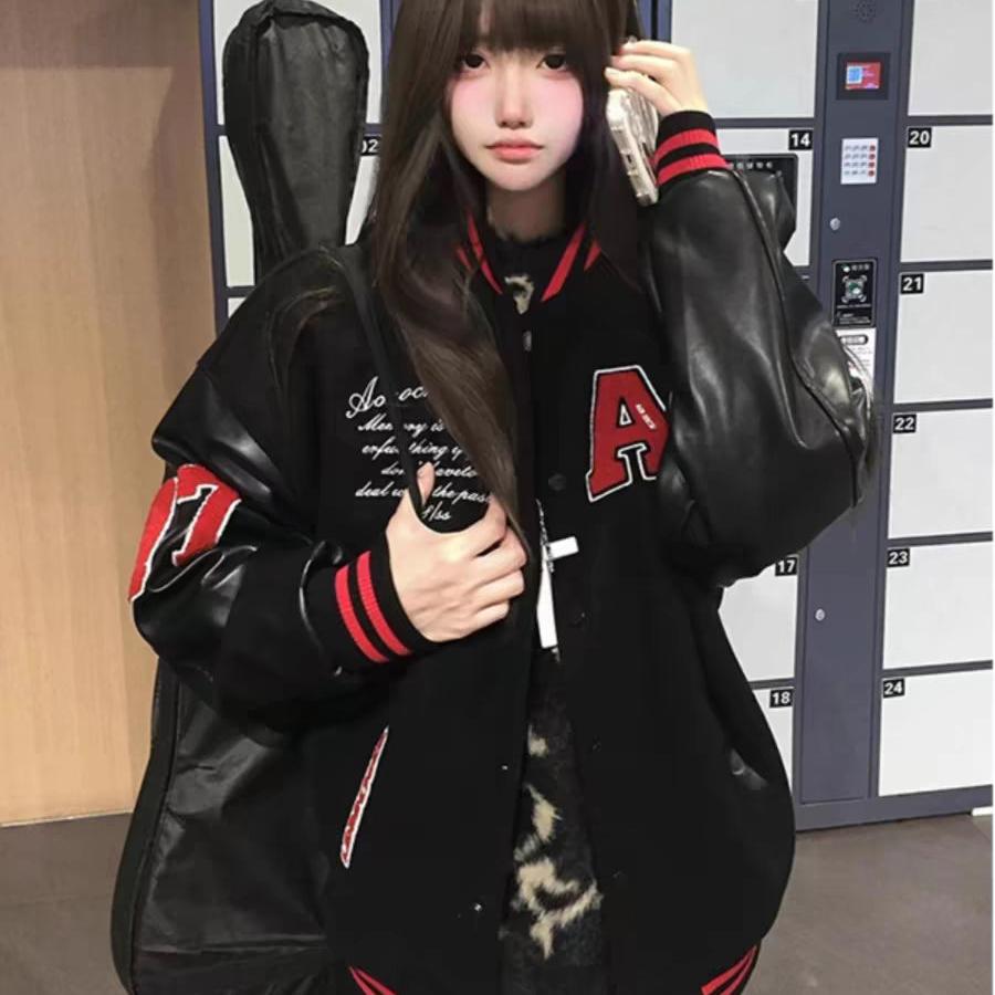 美式复古毛巾绣撞色棒球服外套女春秋新款黑色夹克飞行员潮牌开衫