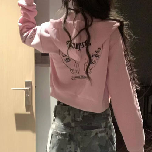 美式潮牌粉色短款连帽开衫外套女春秋小个子上衣辣妹小众拉链卫衣