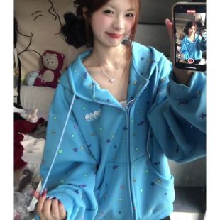 蓝色满印几何图形开衫 冬加绒小个子学院风连帽外套 卫衣女春秋薄款