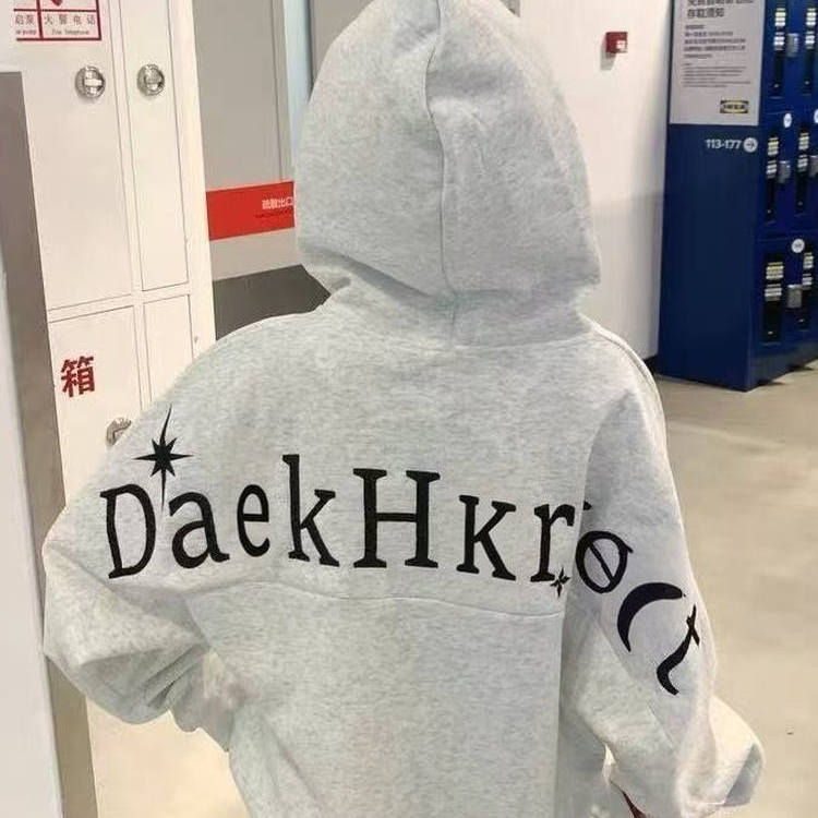 美式oversize慵懒风刺绣潮牌连帽卫衣女秋冬新款情侣装拼接bf外套