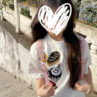 美式 上衣 高街刺绣徽章纯棉短袖 T恤女夏初高中学生大童设计感半袖