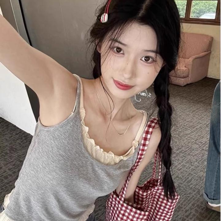 纯欲风撞色假两件背心女带胸垫内搭夏甜美小吊带木耳边修身短上衣