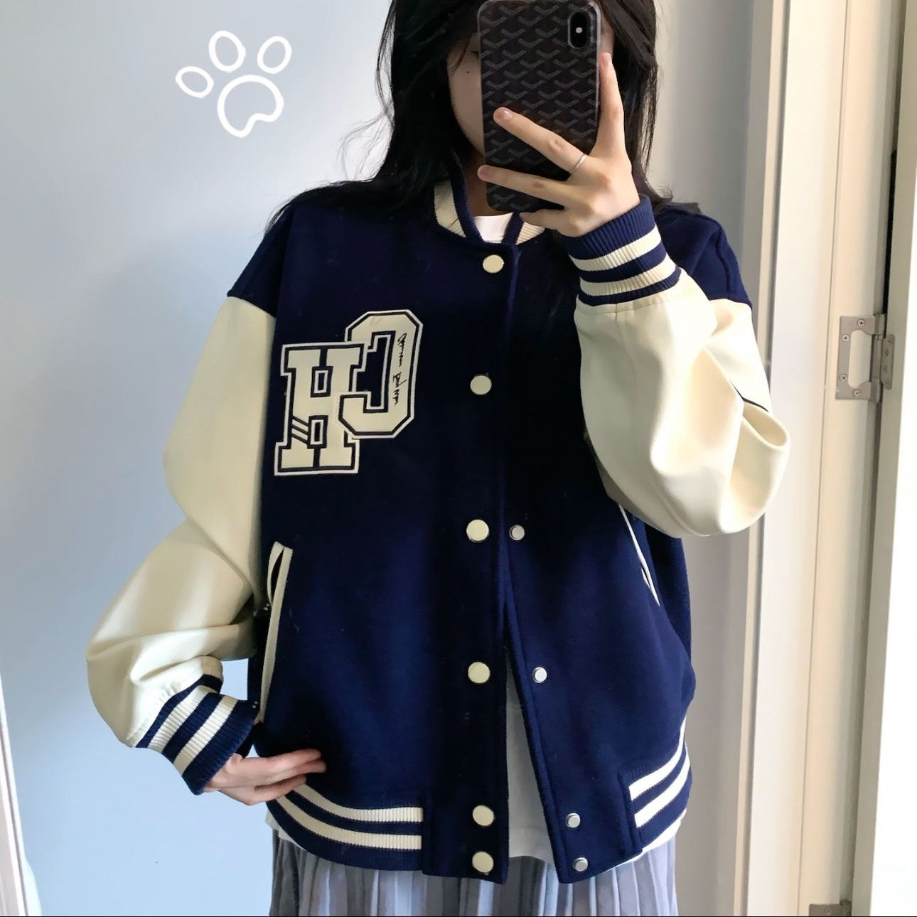 国潮牌刺绣藏青色棒球服外套女春秋新爆款学院风撞色情侣开衫夹克