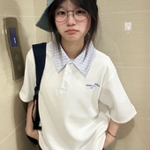 半袖 韩系学院风条纹拼接polo领白色短袖 t恤女夏今年爆款 别致上衣