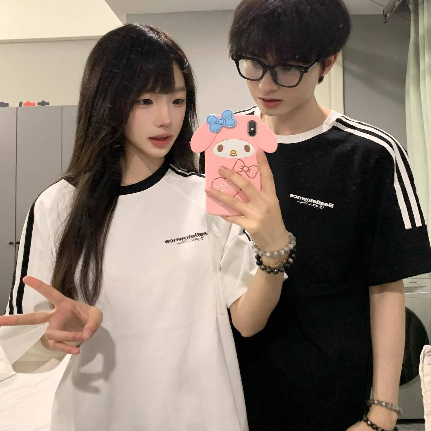 美式高街oversize拼接三条杠短袖t恤女夏初高中生半袖情侣上衣潮
