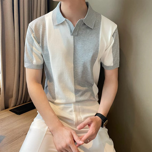 新款 针织衫 夏季 拼色短袖 高级商务T恤外贸跨境 男POLO衫 V领修身