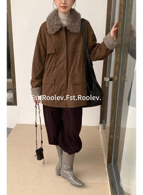 FST21181鹿皮绒加绒中长外套复古麂皮毛毛保暖翻领毛领毛毛外套女
