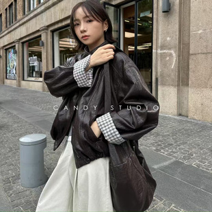 糖果Candy2025新款 口 皮衣外套女短款 小个子机车服夹克上衣格子袖