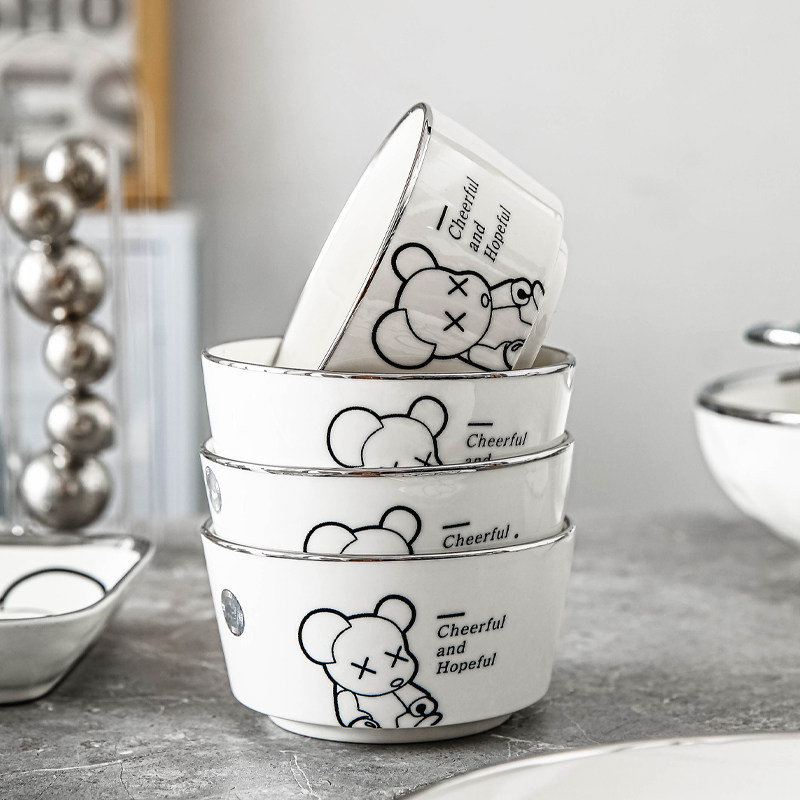 北欧轻奢卡通熊高颜值创意陶瓷碗盘套装儿童可爱家用米饭碗餐具