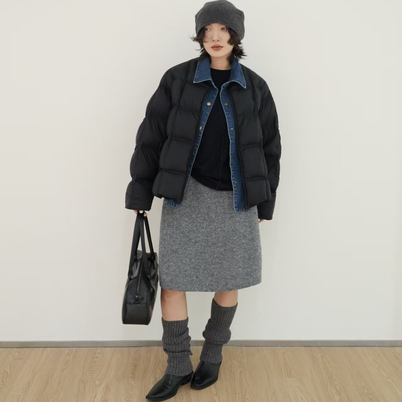 高级感短款冬季假两件牛仔拼接90白鸭绒加厚保暖面包服百搭上衣女