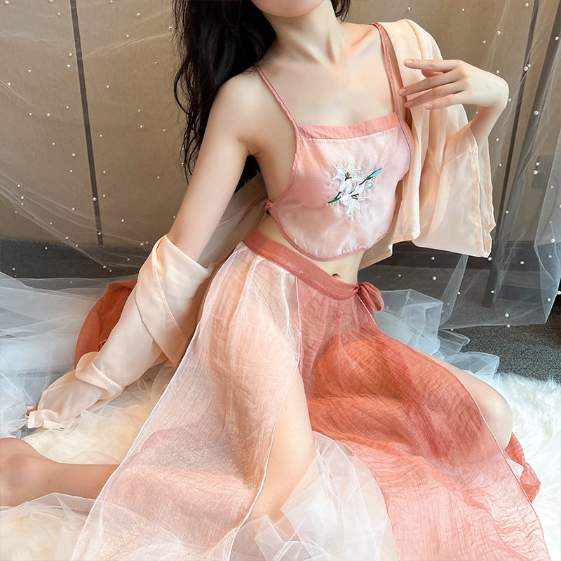 情趣内衣民国风复古典汉服透视肚兜四件套刺绣百合花制服诱惑套装