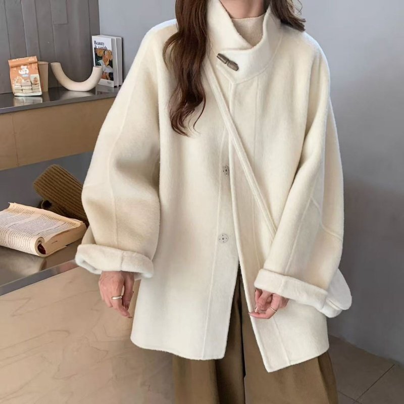 2025秋冬季新款简约立领牛角扣双面羊毛大衣女宽松百搭外套温柔风,女装/女士精品,毛呢外套,淘宝优惠券,粉丝福利购,淘宝优惠卷