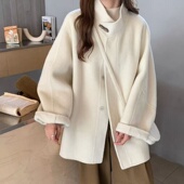 2025秋冬季 新款 简约立领牛角扣双面羊毛大衣女宽松百搭外套温柔风