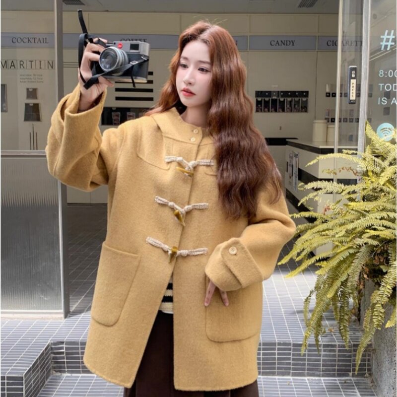 短款韩系连帽牛角扣双面羊绒大衣女2025秋冬新款宽松百搭毛呢外套,女装/女士精品,毛呢外套,淘宝优惠券,粉丝福利购,淘宝优惠卷