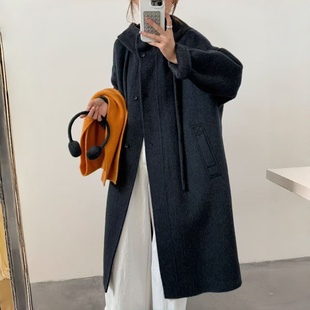 连帽双面羊毛大衣女中长款2025年秋冬新款显瘦宽松小个子毛呢外套