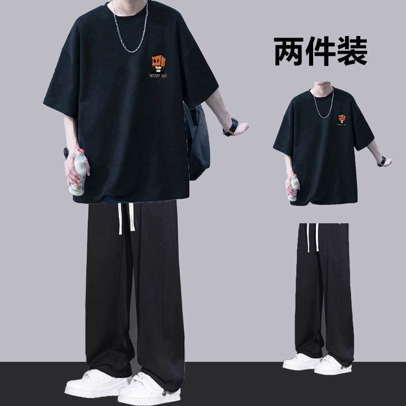夏季宽松百搭男士短袖运动两件套