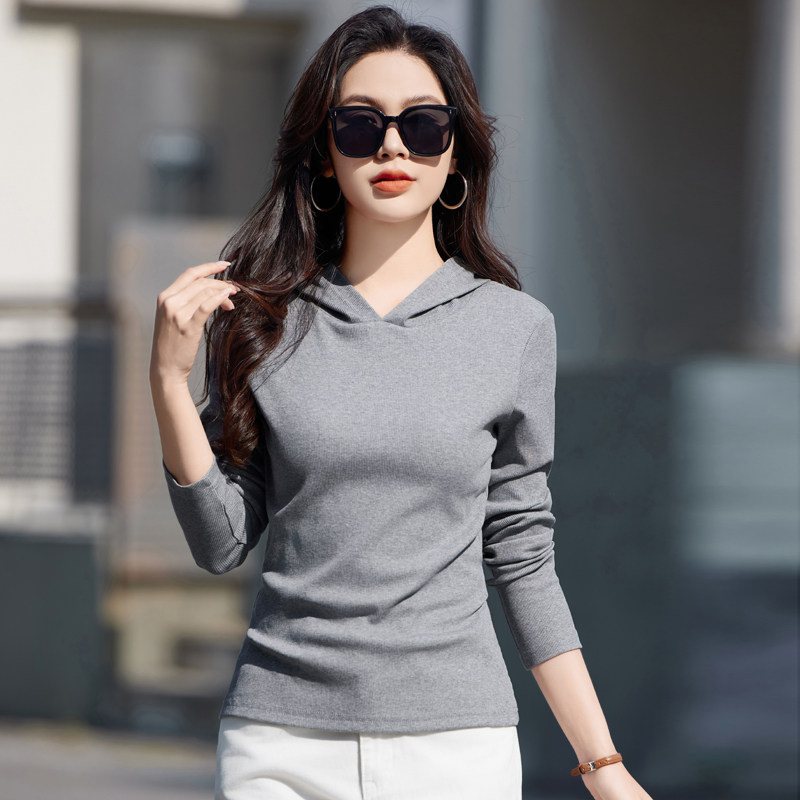 浅灰色连帽卫衣女长袖棉质带帽T恤显瘦简约体恤打底衫上衣春秋季