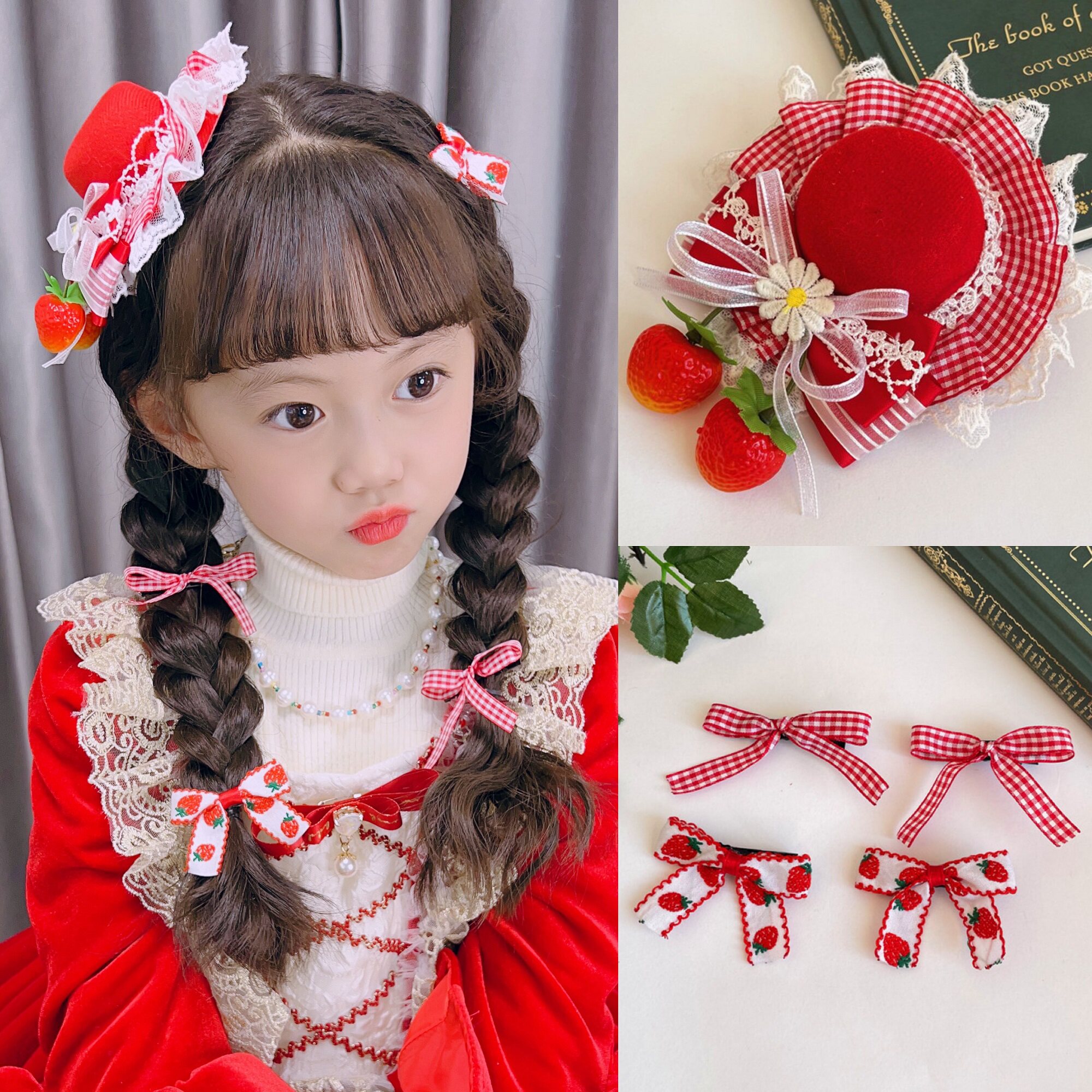 Lolita手作摘草莓礼帽日系甜美少女蝴蝶结头饰儿童发饰
