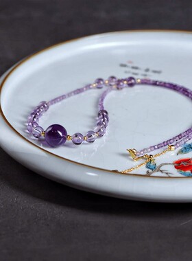 C123 紫气 紫水晶项炼女紫晶散珠子吊坠方糖锁骨炼颈炼 炼