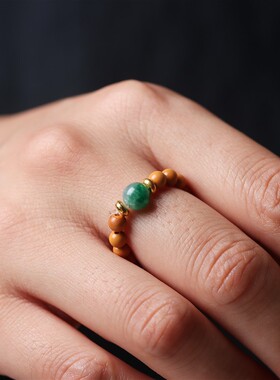 老山檀香小木珠戒指古风女小众设计可伸缩弹力指环手饰送女友礼物