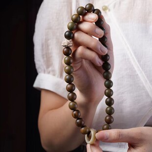 天然绿檀木双圈手串菩提子手链女原创醒狮手持跑环佛珠男念珠莲花
