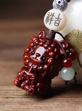 小叶紫檀木雕十二生肖羊汽车钥匙扣包包手机挂件挂饰本命年平安扣