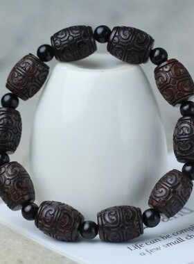 黑檀木佛珠手链念珠雕刻祥云鼓珠单圈男女回纹珠手串文玩佛珠手饰