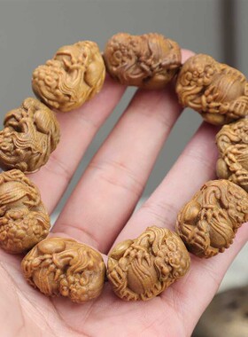 绿檀木雕刻狮子抱球手串有求必应佛珠文玩手链貔貅汽车挂件档位珠