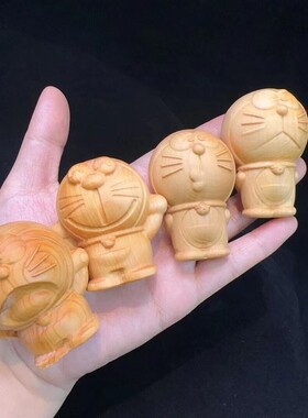 崖柏木雕叮当猫机器猫哆啦A梦实木雕刻手把件小摆件儿童礼品玩具