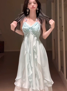 桔梗house海边度假风吊带洋装女2025夏季新款氛围感露背长裙子