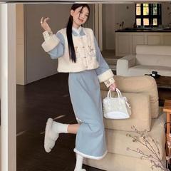 新中式刺绣仿羊羔毛马甲加绒加厚旗袍连衣裙女冬季2024新款两件套