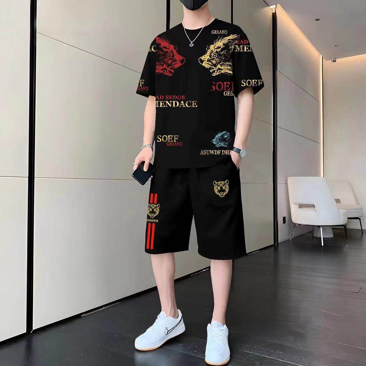 男士冰丝套装夏季新款潮流印花短袖T恤短裤男装休闲运动服两件套